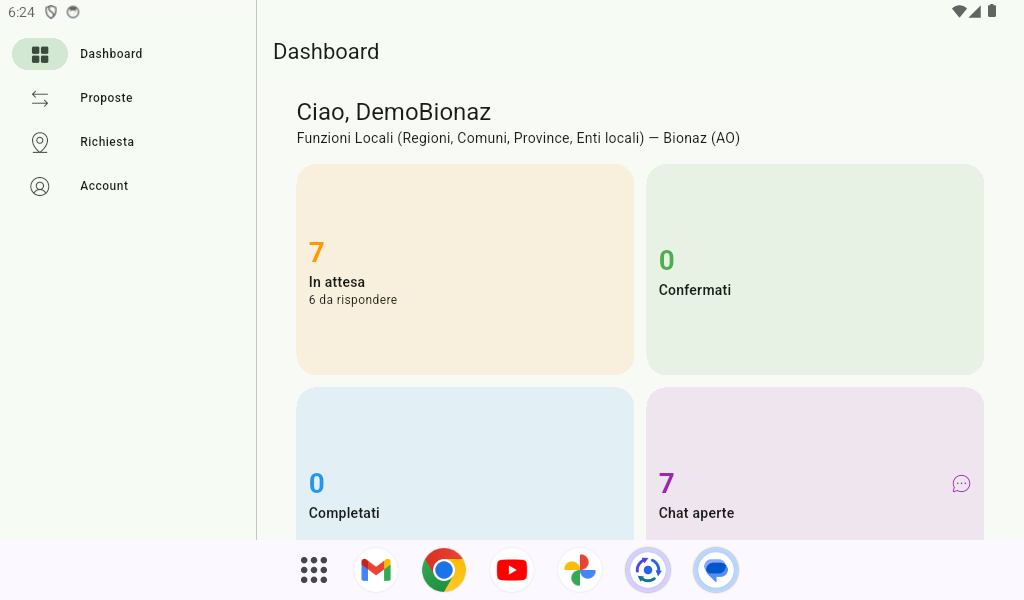 Schermata dashboard dell'app INTERSCAMBIO su tablet