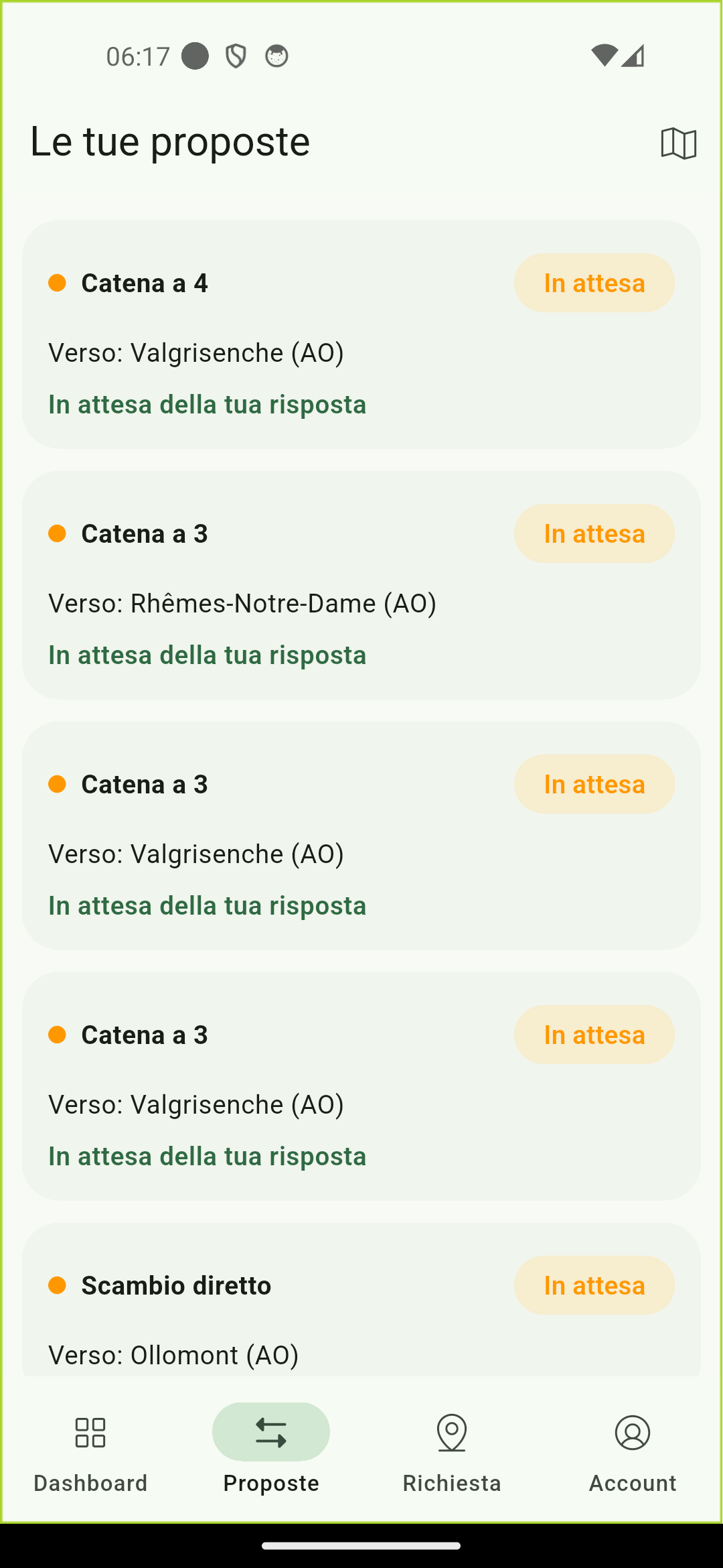 Schermata proposte dell'app INTERSCAMBIO